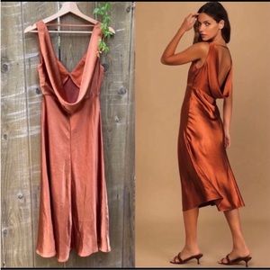 Copper Satin Cowl Back Midi Slip Dress 🌿